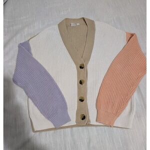 Gap Cardigan Sweater  V-Neck Colorblock Knit Tan Button Front W-M 100% Cotton